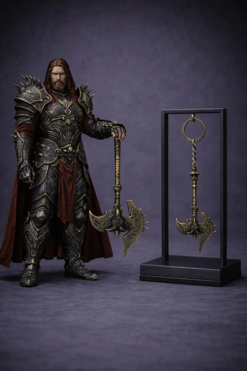 Kraliyet Tarzı Çift Ağızlı Balta Anahtarlık – Antik Desenli Metal Tasarım