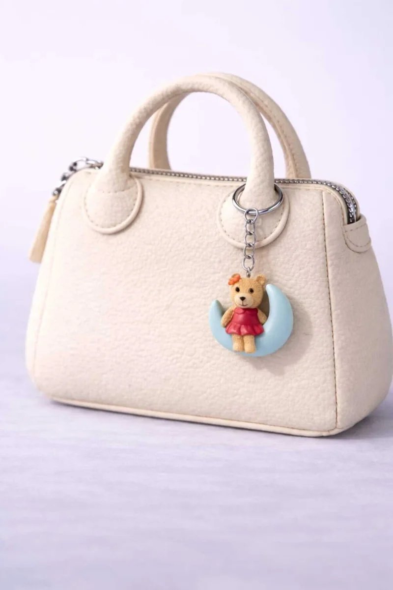 🎀🐻🌙 Sevimli Ayı Metal Zincirli Anahtarlık Charm –Çanta ve Anahtar Aksesuarı