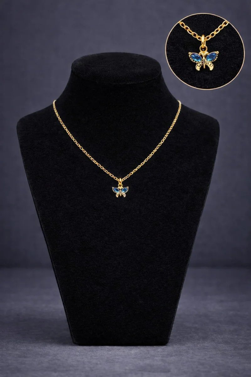 Minimal Gold Renk Mavi Taşlı Kelebek Kolye