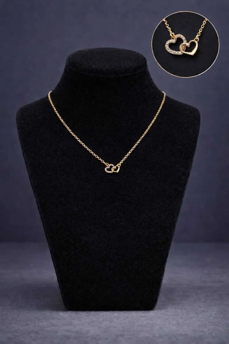 Minimal Çift Kalp Taşlı Gold Kolye