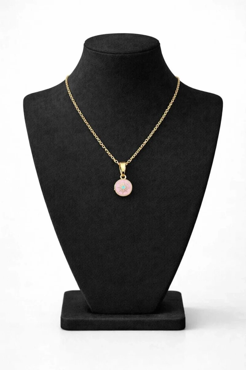 Pembe Mineli Güneş Figürlü Madalyon Kolye